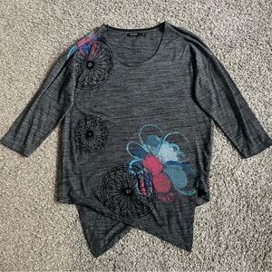 Desigual Women's 3/4 Sleeve Shirt Tunic Asymmetrical Geometric Floral Gray S